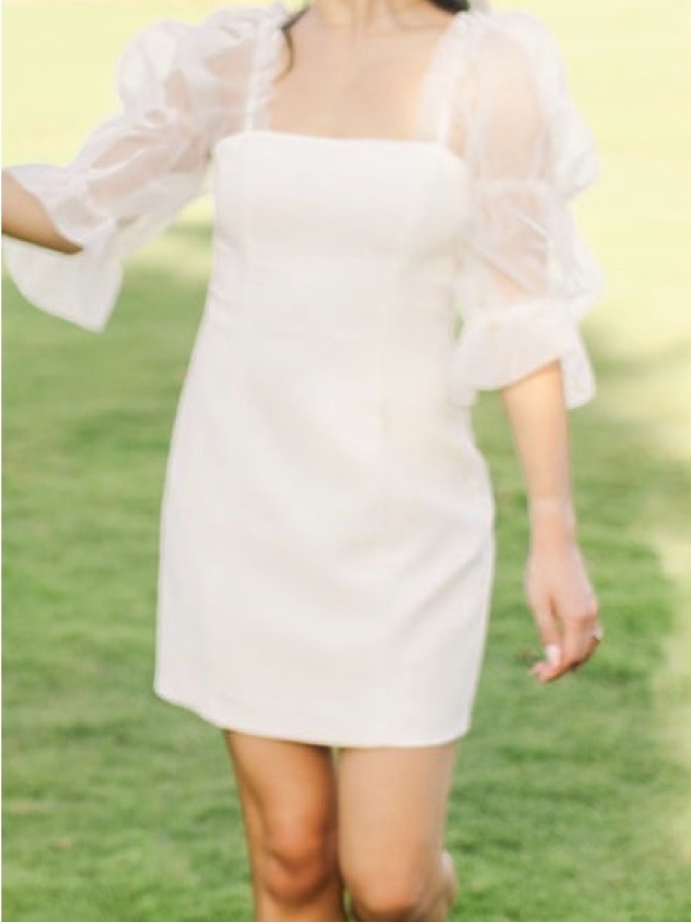 Amanda Uprichard White Puff-Sleeve Square-Neck Mini Dress